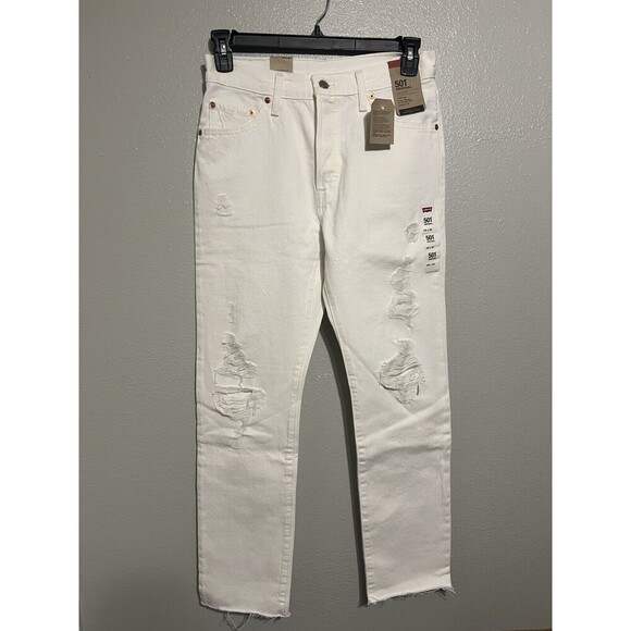 Levi's Denim - Levis 501 Original Fit Women’s 100% Cotton Jeans White Distressed 28 x 30